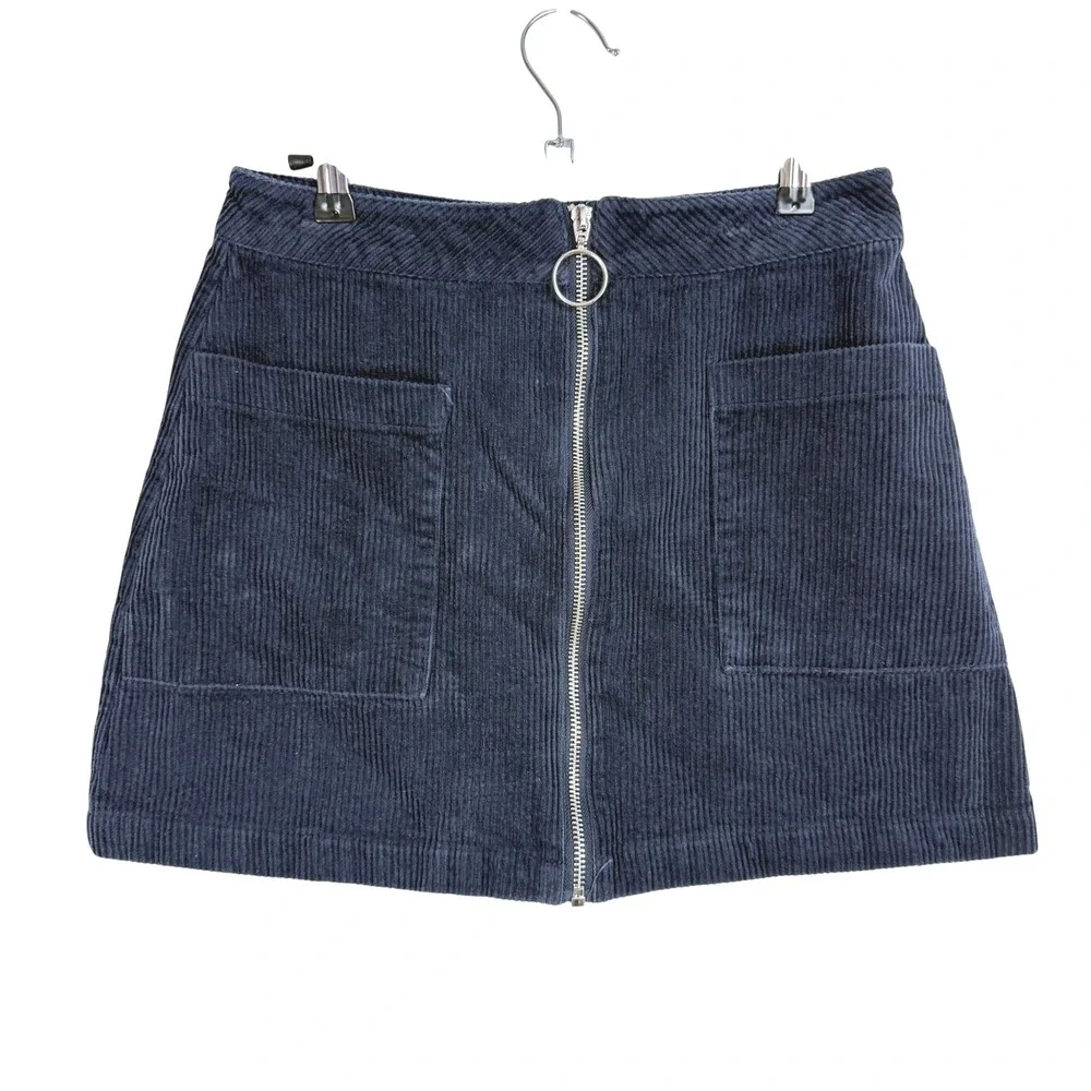 Blue Rain Skirt Size S‎ Navy Blue Corduroy O-Ring Zip Mini Retro Preppy Indie